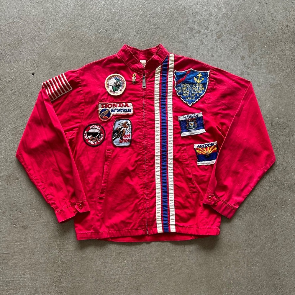 Vintage 50s Loomcraft Patch Jacket Size Medium Red Full Zip Cotton Military USA‎